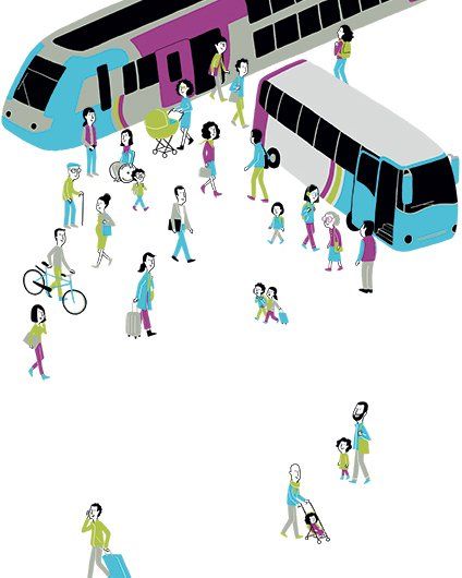 infographie : divers personnages se déplacent entre un train et un car