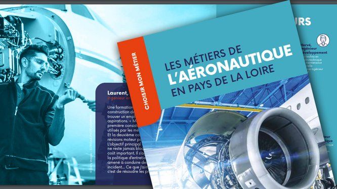 montage photo d'une publication "choisir mon métier" avec texte : " les métiers de l'aéronautique en Pays de la Loire"
